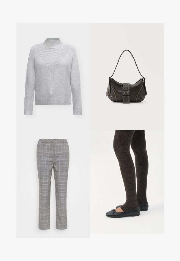 Pull en tricot gris clair avec col haut, manches longues et motif côtelé sur la poitrine, les manches et l'ourlet.; Pantalons à carreaux gris avec une coupe ajustée. Présente un motif à carreaux subtil, des passants de ceinture et une coupe droite. Texture de tissu lisse.; Jambes portant des leggings côtelés foncés associés à des ballerines noires avec de petits détails en nœud sur fond blanc.; Sac à épaule en cuir noir avec une sangle à boucle, des bords arrondis et des coutures blanches contrastées sur un fond uni.