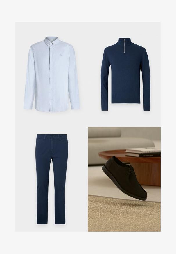 Pull en maille bleu marine, col zippé à quart, manches longues, bords-côtes aux poignets et à l'ourlet, tissu tricoté doux avec une texture lisse.; Chemise à manches longues à rayures bleu clair et blanc, à boutons, avec col boutonné et petit logo brodé sur la poitrine.; Chinos en coton bleu marine avec une coupe droite, fermeture à bouton et poches latérales. Texture lisse et style minimaliste sans motifs visibles.; Chaussure noire en cuir à lacets flottant au-dessus d'un tapis beige texturé, avec une table ronde en bois et des livres empilés en arrière-plan en léger flou.