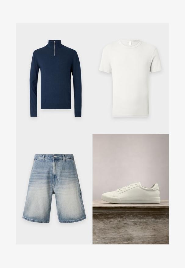 Dunkelblauer Pullover, mit Viertel-Reißverschluss-Kragen, langen Ärmeln, gerippten Bündchen und Saum, aus weichem Strickstoff mit glatter Oberfläche.; Einfaches weißes T-Shirt mit kurzen Ärmeln und Rundhalsausschnitt, flach auf einem hellgrauen Hintergrund ausgebreitet, mit einem kleinen Stoffetikett am Kragen.; Jeans-Shorts in einem verblassten Blauton, lockere Passform und gerade Schnittführung. Verfügt über fünf Taschen und Gürtelschlaufen mit einem dezenten, gebrauchten Muster.; Weiße Schnürsneaker, die über einer Holzbank mit grünem Laub im Hintergrund schweben und das Schuhdesign sowie die Textur zeigen.