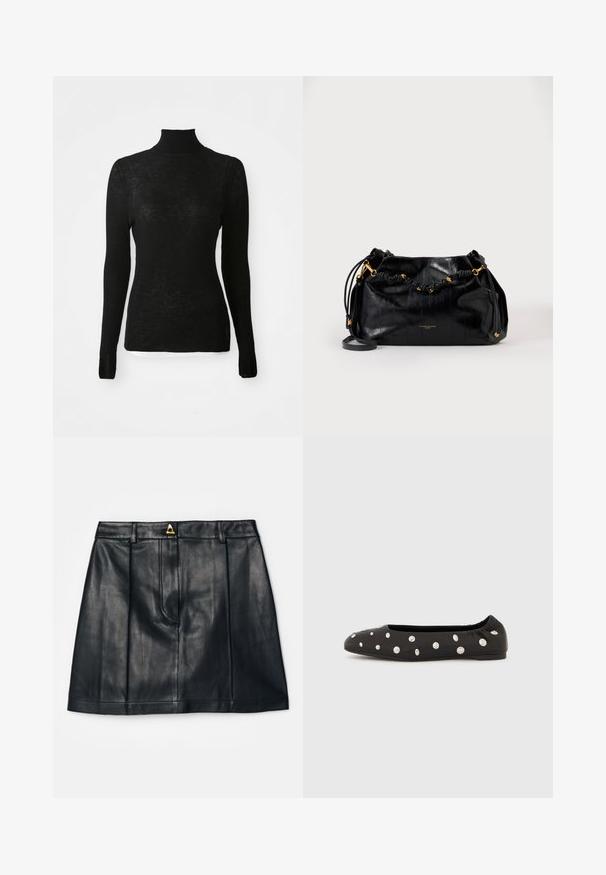 Zwarte lange mouw geribbelde gebreide coltrui met slim fit en subtiele textuur op een witte achtergrond.; AERON RUDENS SKIRT - A-lijn rok - black; Zwarte ballerina met elastische achterkant en verspreide grote zilveren ronde studs op de bovenzijde, in profiel weergegeven tegen een witte achtergrond.; Zwarte leren handtas met geknoopte handgreep en gouden hardware, voorzien van een afneembare schouderriem en subtiele reliëfstructuur.