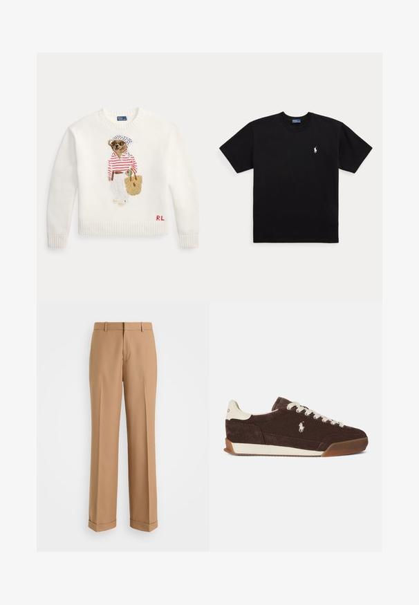 Weißer Pullover mit einem Hund, der eine Sonnenbrille trägt, ein rot gestreiftes Hemd, weiße Hose, einen Hut und eine bestickte beige Tragetasche auf der Vorderseite hält.; Schwarzes T-Shirt mit kurzen Ärmeln und Rundhalsausschnitt mit kleinem weißem besticktem Polo Ralph Lauren-Logo auf der linken Brust.; Beige maßgeschneiderte Hose mit geradem Bein, aus weichem Stoff, mit einer mittigen Bügelfalte und umgeschlagenen Säumen.; Brauner Wildleder-Sneaker mit weißen Schnürsenkeln, kontrastierender weißer Ferse, Gummisohle und einem aufgestickten Logo an der Seite. Klassisches Low-Top-Design.