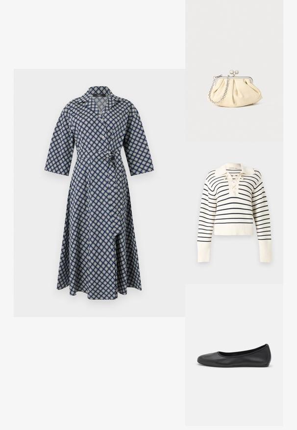 Pull crème à manches longues avec de fines rayures horizontales noires, un col large et un détail de laçage au niveau de l'encolure.; Robe portefeuille bleu marine à motif géométrique blanc, manches trois-quarts, large col et taille nouée, coupe trapèze longueur genou.; Ballerines en cuir noir avec un bout rond, texture lisse, détails de couture minimalistes et design de semelle flexible.; Pochette en cuir beige plissé avec un cadre en métal argenté, dotée de deux fermoirs ronds décoratifs et d'une chaîne en argent.