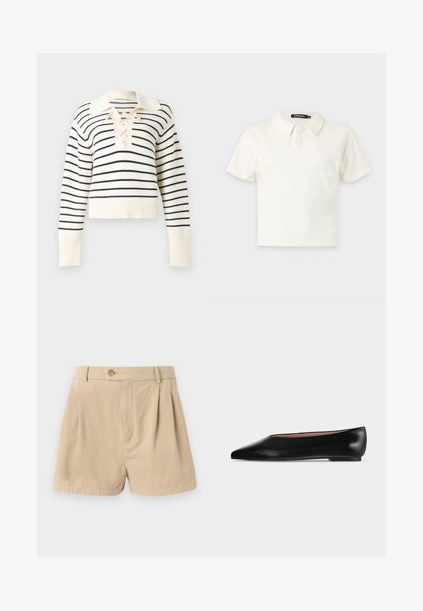 Roomkleurige trui met lange mouwen met smalle zwarte horizontale strepen, een brede kraag en een vetersluiting aan de halslijn.; Wit poloshirt met korte mouwen, twee knopen en een kraag, weergegeven op een effen lichte achtergrond.; Filippa K HIGH WAIST PLEATED - Shorts - beige; Zwarte leren damesschoen met platte zool, puntige neus en lage hak, zijwaarts afgebeeld tegen een effen lichtgrijze achtergrond.