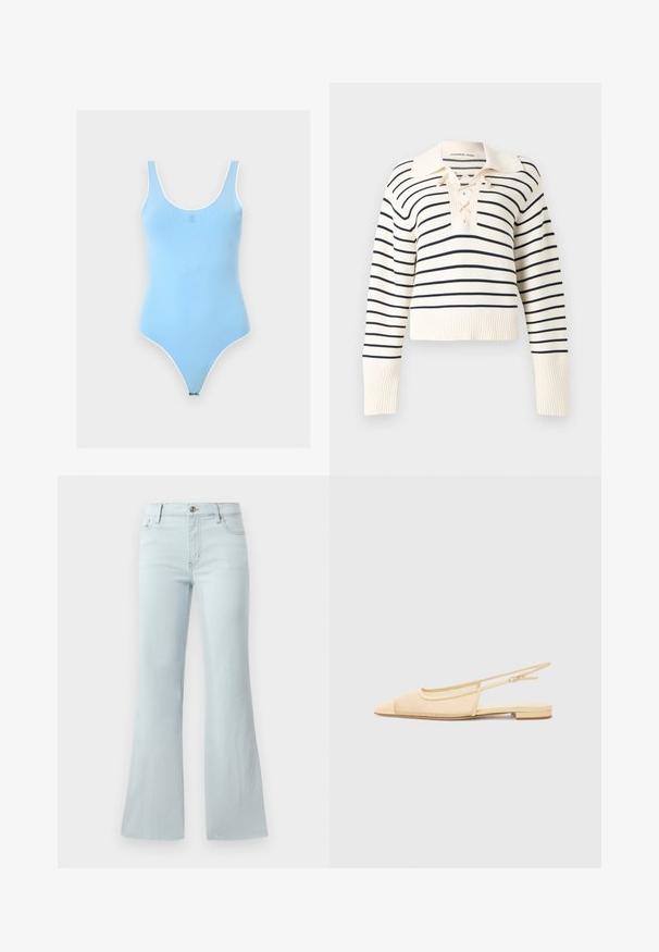 Pull crème à manches longues avec de fines rayures horizontales noires, un col large et un détail de laçage au niveau de l'encolure.; Body sans manches bleu clair avec encolure dégagée et bordure blanche, avec un petit logo centré sur la poitrine.; Jean flare bleu clair en denim. Il présente un design classique à cinq poches et une fermeture à bouton à l'avant. Texture lisse sur toute la surface.; Chaussure plate slingback en beige clair avec une tige en maille, un bout pointu et un petit talon. Dotée d'une sangle ajustable pour un bon maintien.