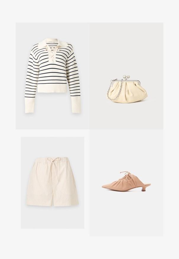 Pull crème à manches longues avec de fines rayures horizontales noires, un col large et un détail de laçage au niveau de l'encolure.; Short beige clair à fines rayures verticales et taille élastique nouée devant en un nœud, présenté sur fond blanc.; Mule pour femme en cuir beige avec bout pointu, dessus froncé, lien de serrage et petit talon kitten, sur fond blanc.; Pochette en cuir beige plissé avec un cadre en métal argenté, dotée de deux fermoirs ronds décoratifs et d'une chaîne en argent.