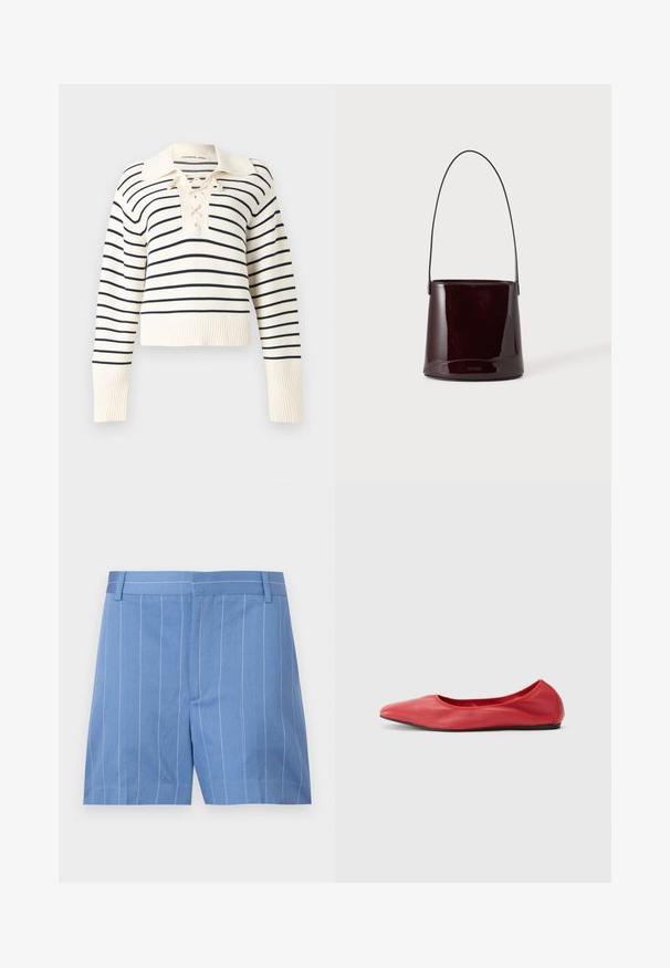 Pull crème à manches longues avec de fines rayures horizontales noires, un col large et un détail de laçage au niveau de l'encolure.; Shorts bleu clair avec des rayures verticales blanches, présentant une texture lisse, un devant plat et une taille standard avec des passants de ceinture.; Filippa K REY FLATS - Ballerines - bright red; Sac seau brun foncé brillant avec une longue sangle fine et des coutures visibles minimales sur un fond clair.