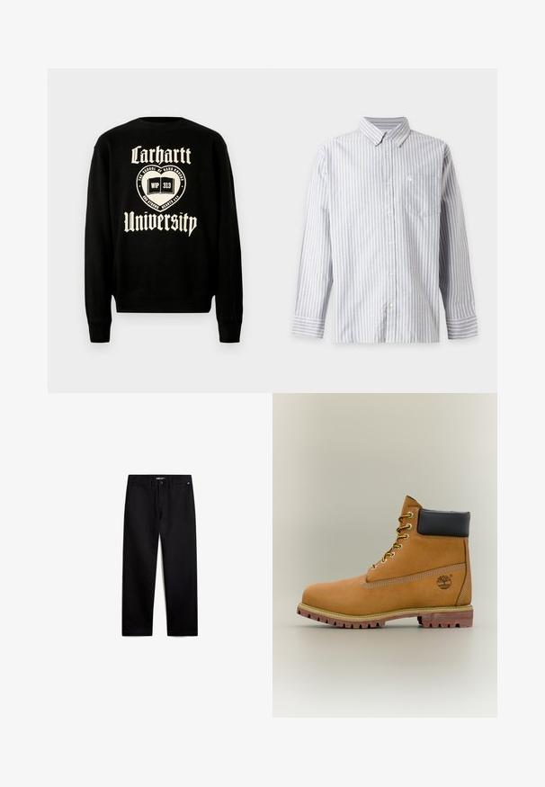 Sweatshirt noir avec un texte blanc qui indique "Carhartt University" et un motif d'emblème avec un livre ouvert, indiquant un style décontracté.; Chemise à manches longues boutonnée avec des rayures verticales grises et blanches, une poche poitrine et un col boutonné.; Pantalons en coton noirs avec une coupe droite, fermeture éclair et poches avant. Texture lisse, sans motifs visibles et matériel minimal.; Bottine en cuir marron avec col noir, lacets jaunes et semelle beige. Présente un logo et des détails de couture blanche. Semelle extérieure à traction robuste.