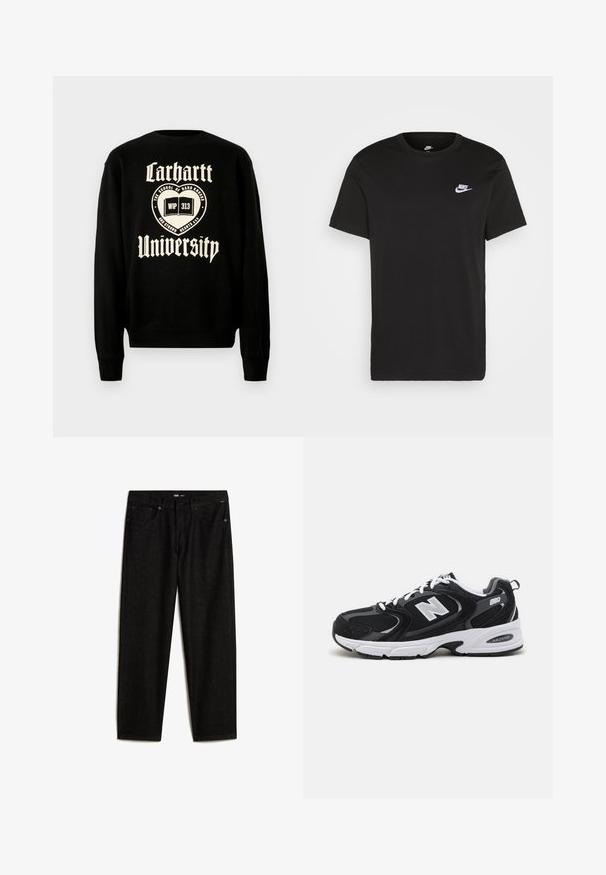 Sweatshirt noir avec un texte blanc qui indique "Carhartt University" et un motif d'emblème avec un livre ouvert, indiquant un style décontracté.; T-shirt en coton noir à manches courtes, col rond, avec un petit logo Nike blanc sur la poitrine supérieure gauche. Texture lisse. Coupe classique.; Vans Jean boyfriend - black; Baskets de sport noires et grises avec un tige en mesh et en suède, présentant une semelle intermédiaire blanche, des lacets et un logo "N" audacieux sur le côté.