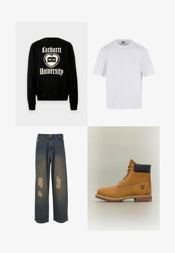 Zwarte sweatshirt met witte tekst "Carhartt University" en een embleemontwerp met een open boek, wat een casual stijl aangeeft.; Witte kraagloze t-shirt met korte mouwen, gemaakt van katoen. Heeft een ronde halslijn en een losse pasvorm. Soepele textuur, minimalistisch ontwerp, geen patronen of accenten.; Verbleekte blauwe denim jeans met een wijde pijp, voorzien van versleten plekken en rafelige randen. Metalen knoop- en ritssluiting, met voorzakken.; Bruine leren enkellaars met zwarte kraag, gele veters en een zandkleurige zool. Voorzien van een logo en witte stikseldetails. Robuuste loopzool met grip.