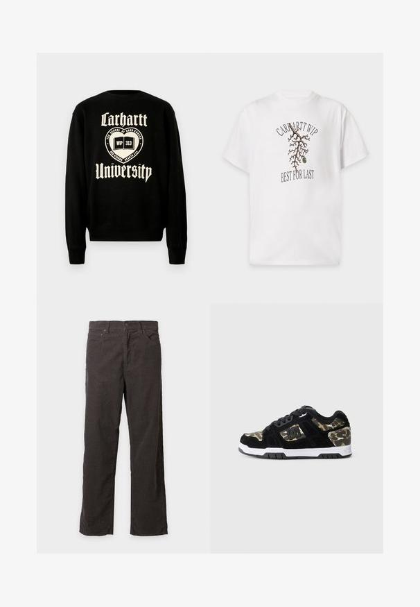 Sudadera negra con texto blanco que dice "Carhartt University" y un diseño de emblema con un libro abierto, indicando un estilo casual.; Camiseta blanca de manga corta con una rama de árbol marrón, una aceituna verde y texto negro "Carhartt WIP" arriba y "Best for Last" debajo de la rama.; Pantalones de pana marrón oscuro de pierna recta con cierre de botón y cremallera, trabillas para cinturón y bolsillos delanteros sobre un fondo liso.; Zapatilla de ante negra con patrón de camuflaje en el lateral, media suela blanca y suela exterior de goma negra. Presenta cordones y detalle del logo en el lateral.