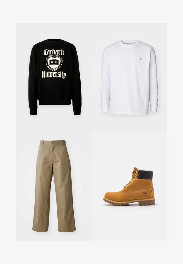 Sort sweatshirt med hvid tekst, der står "Carhartt University" samt et emblem-design med en åben bog, hvilket indikerer en afslappet stil.; Hvid langærmet t-shirt lavet af bomuld. Har et lille gyldent logo på brystet og en rund halsudskæring. Enkel design og standard pasform.; Khaki bredde ben bukser lavet af bomuldsblandingsstof, med en enkelt knaplukning og synlige sidelommer. Glat tekstur, plisseret detalje.; Brune læder ankelstøvle med metaløjer, hvid pelsforing, sort polstret krave, robust sål og præget logo på siden.