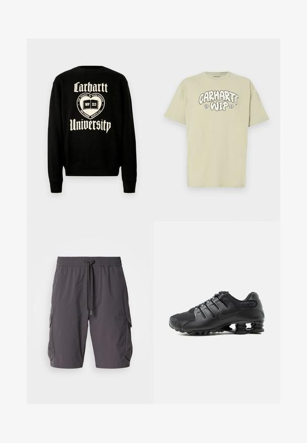Sudadera negra con texto blanco que dice "Carhartt University" y un diseño de emblema con un libro abierto, indicando un estilo casual.; Camiseta de algodón verde claro con corte oversized, con un estampado en negro estilo nube que dice "Carhartt WIP 1989" en el frente. Mangas cortas, cuello redondo.; Pantalones cortos cargo grises hechos de un tejido ligero, con cintura elástica y cordón, bolsillos laterales y un ajuste ligeramente holgado.; Zapatilla deportiva negra con parte superior texturizada, cierre de cordones y distintivo soporte de suela tipo resorte visible sobre un fondo blanco.