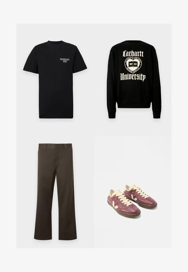 Zwarte sweatshirt met witte tekst "Carhartt University" en een embleemontwerp met een open boek, wat een casual stijl aangeeft.; Zwarte katoenen t-shirt met korte mouwen en een ronde hals, met een witte bedrukte logo op de linkerborst. Gladde textuur, normale pasvorm.; Bruine broek met rechte pijpen, gemaakt van stevig stof, met een vlakke voorkant, riemlussen en een eenvoudige zoom. Geen zichtbare patronen of hardware.; Een paar lage sneakers van bordeauxkleurige, gestructureerde stof met crèmekleurige veters, hiel en logo, en donkere rubberen zolen, afgebeeld op een witte achtergrond.