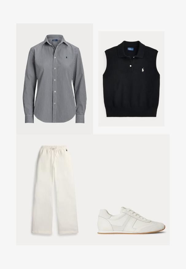 Suéter tipo polo sin mangas negro hecho de tela de punto texturizada con un cuello acanalado, que presenta una tapeta con dos botones y un logo bordado en blanco.; Camisa de botones a rayas con rayas verticales en azul marino y blanco, mangas largas, cuello puntiagudo y un pequeño logotipo en el pecho.; Pantalones deportivos blancos de pierna ancha con cintura elástica, cordón, bolsillos laterales y pequeño logo azul marino cerca del bolsillo derecho.; Zapatilla blanca de corte bajo con cordones en la parte frontal, paneles de ante y cuero, y una suela de goma marrón claro sobre un fondo blanco.