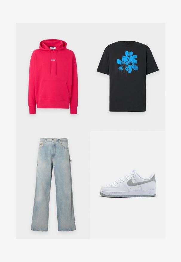 Sudadera con capucha de color rosa brillante con bolsillo frontal y logotipo blanco "MSGM" centrado en el pecho, presentada sobre un fondo claro y sencillo.; Camiseta de algodón negra con un gran gráfico abstracto de flores azules con detalles en negro, mangas cortas y cuello redondo.; Pantalones vaqueros de pierna ancha en azul claro con cinco bolsillos, cierre de botón y un lazo en el lado derecho para herramientas o accesorios.; Zapatillas de cuero blancas con un logotipo Swoosh gris, punta perforada y suela de goma texturizada. Altura corta en el tobillo.