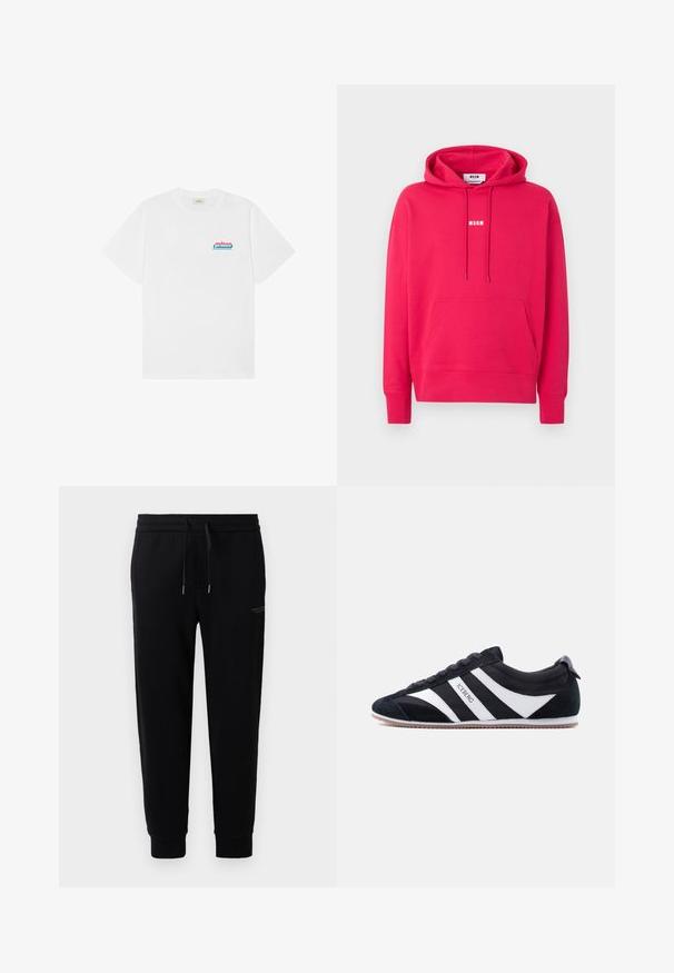 Sweat à capuche rose vif avec poche avant et logo blanc "MSGM" centré sur la poitrine, présenté sur un fond clair uni.; T-shirt blanc à manches courtes et col rond avec un petit logo "prince" rose et bleu sur la partie supérieure gauche de la poitrine.; Pantalons de sport noirs en mélange de coton, dotés d'une taille élastique avec cordon de serrage, de chevilles côtelées et d'une impression de logo discrète sur le côté.; Baskets basses noires avec des bandes blanches sur les côtés, bout en daim, et "ICEBERG" imprimé sur la bande centrale, semelle en caoutchouc plate, fermeture à lacets.