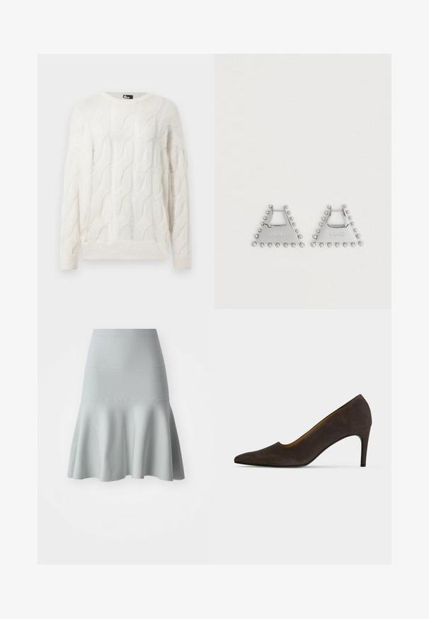 Pull en tricot blanc avec un motif de torsades, encolure ronde et manches longues. La texture semble douce et légèrement translucide.; Jupe évasée bleu clair en tissu texturé. Elle présente une taille ajustée et un ourlet souple et ondulé. Design simple sans motifs.; Chaussure à talons hauts brun foncé à bout pointu, finition lisse et talon fin sur un fond clair uni.; Boucles d'oreilles triangulaires en argent avec des accents de perles arrondies le long des bords. Présente le nom de la marque "LIU·JO" à la surface. Fini métallique lisse.