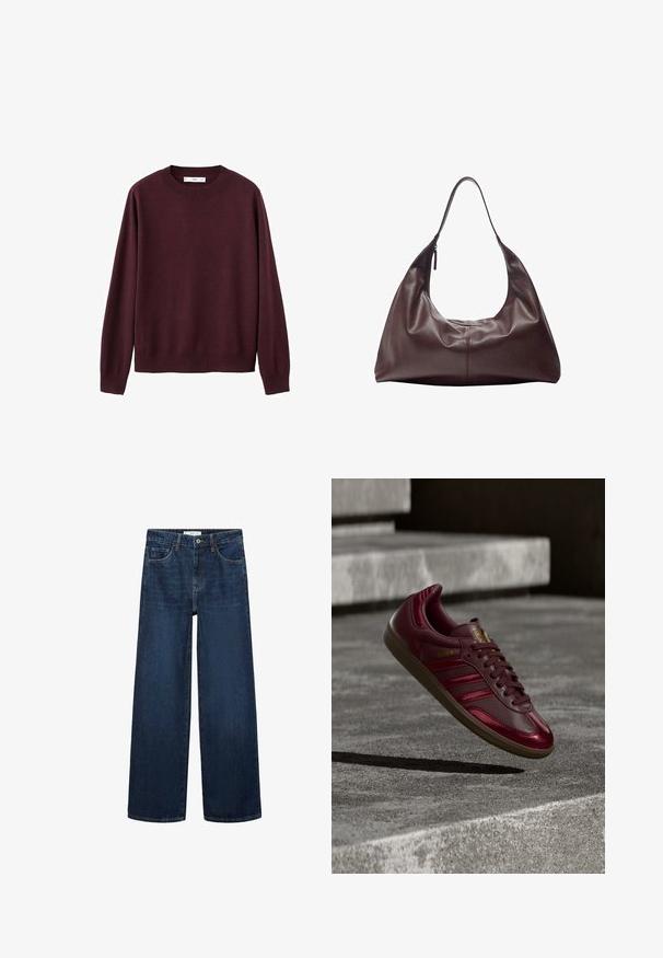 Bordeauxroter Strickpullover mit rundem Ausschnitt, langen Ärmeln und gerippten Bündchen sowie Saum. Glatte Textur, minimalistisches Design, keine Muster oder Verzierungen.; Weite dunkelblaue Denim-Jeans mit hoher Taille, ausgestattet mit fünf Taschen und einer klassischen Knopfschließe. Glatte Textur und gerader Schnitt.; Bordeauxroter Ledersneaker mit drei dunklen Streifen, goldenen Schriftzügen, strukturierter Sohle und glatter Oberfläche. Erhöht vor einem Betonhintergrund präsentiert.; Dunkelbraune Lederschultertasche mit einem einzelnen Riemen und einem Reißverschluss auf der einen Seite, weiche, lockere Struktur und glatte Textur.