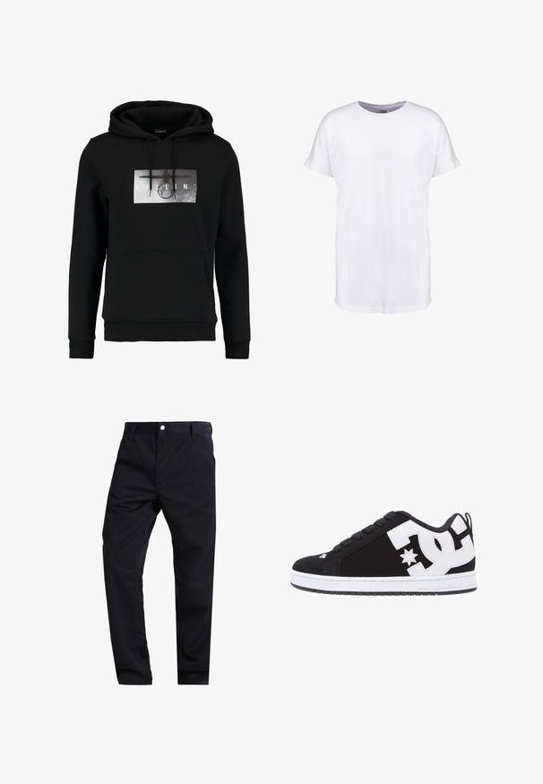 Sudadera negra con un bolsillo canguro frontal, capucha con cordón y una impresión gráfica que presenta la palabra "BALLIN'" y un diseño circular.; Camiseta blanca lisa de manga corta con puños remangados y cuello redondo, mostrada sobre un fondo blanco.; Pantalones de un azul marino oscuro, confeccionados en una mezcla de algodón, con un diseño de pierna recta, cierre con cremallera y un único bolsillo frontal con botón de metal.; Zapatilla negra con acentos y logotipo blanco. Presenta puntera redonda, suela acolchada, cordones planos y material superior liso. Vista lateral.