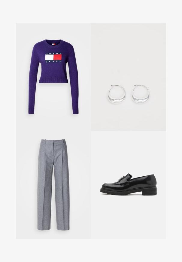 Lilla cropped sweater med lange ærmer, rund halsudskæring og et logo-design i rød og hvid på fronten. Ribbet kant og manchetter.; Lys grå bredbenede bukser i et struktureret stof, med plisseringer foran og en skræddersyet talje. Minimalistisk design, ingen synlig hardware.; Sorte lakerede loafers med lav blokhæl, syet tå og metalspænde detaljer på oversiden, vist i sideprofil på hvid baggrund.; Sølv hoops øreringe med en poleret overflade og DKNY branding, præsenteret mod en simpel hvid baggrund.