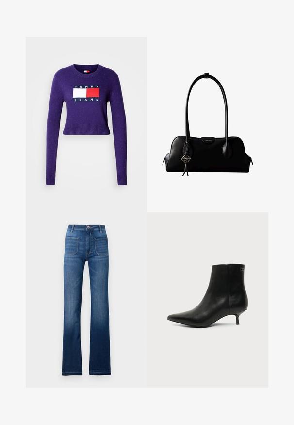 Paarse cropped trui met lange mouwen, ronde halslijn en een logo ontwerp in rood en wit op de voorkant. Geribde zoom en manchetten.; Blauwe denim flared jeans met een vijf-pocket ontwerp, een knoopsluiting en zichtbare stiksels langs de naden, met een licht vervaagde afwerking.; Zwart leren enkellaars met puntige neus en lage kittenhak op lichte achtergrond, zijaanzicht buitenkant.; Zwarte leren Calvin Klein handtas met lange hengsels, een logo-label aan de voorkant en een zilverkleurige geometrische hanger die aan één hengsel hangt.