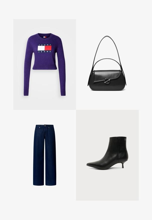 Lilla cropped sweater med lange ærmer, rund halsudskæring og et logo-design i rød og hvid på fronten. Ribbet kant og manchetter.; Mørkeblå vidde jeans i denim stof. Har en knaplukning og forlommer, med en glat tekstur og minimal dekoration.; Sort læder ankelstøvle med spids tå og lav kitten hæl på lys baggrund, der viser yderside.; Sort skuldertaske i læder med en buet klap, der er fastgjort med en rund metal spænde, og en slank, justerbar rem.