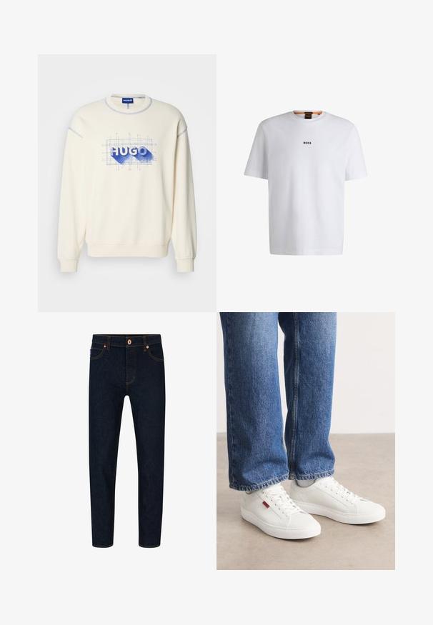 Roomkleurige sweatshirt met blauwe grafische "HUGO"-opdruk en rasterpatroon, voorzien van geribbelde manchetten en halslijn, en contrasterende stiksels.; Witte katoenen T-shirt met korte mouwen, voorzien van een zwart "BOSS"-logo in het midden van de borst en een ronde halsontwerp.; Donkerblauwe denim jeans met een slim fit, contrasterende oranje stiksels en een klassieke knoopsluiting. Voorzien van voorkruiden en taps toelopende benen.; Witte sneakers met een glad oppervlak, ronde neus en platte zool. Vergezeld door blauwe denim jeans met een rechte pasvorm en zichtbare stiksels.