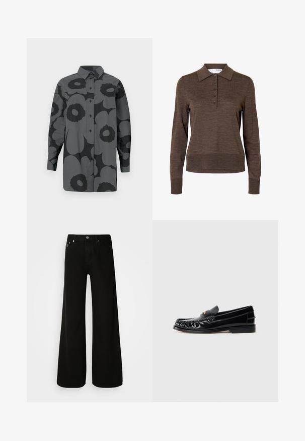 Brun dames poloshirt med lange ærmer, krave og fem knapper foran, lavet af fint strikket stof.; Knapp-up skjorte i gråt stof med store sorte blomstermønstre. Inkluderer krave og lange ærmer med knapmanchetter.; Sorte vide ben jeans lavet af denim, med høj talje, klassisk fem-lomme design og sølvfarvet knaplukning.; Sorte læder loafers med rund tå, dekorativ sying og en lille gul accent på vampen. Flad gummisål, slankt design.