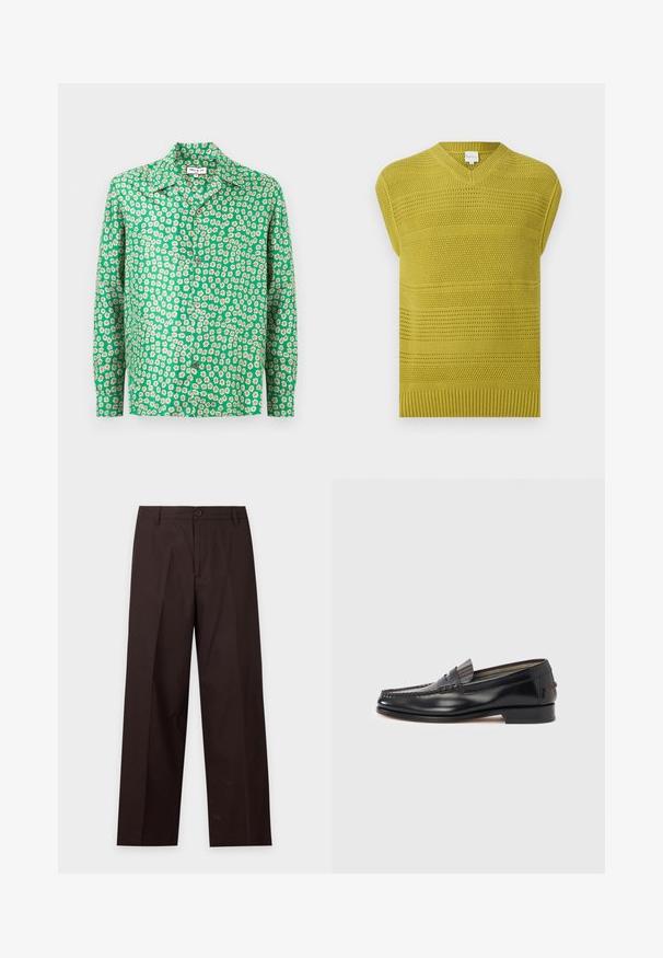 Gilet en tricot sans manches de couleur vert olive avec des motifs horizontaux texturés et un col en V.; Chemise verte à manches longues avec boutons, imprimé de marguerites blanches et jaunes, col évasé et étiquette de marque visible au niveau de l'encolure.; Pantalon droit marron foncé avec passants de ceinture, fermeture par bouton et pli sur le devant, présenté sur fond blanc.; Mocassins en cuir noir avec un design de style mocassin, présentant une bande décorative et un détail de couture sur le dessus. Talon bloc bas.