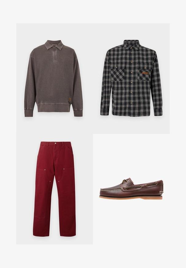 Langærmet mørkegrå pullover sweatshirt med kvart lynlås og krave, ribstrikkede manchetter og kant, samt lille logopatch nær nederste kant.; Skjorte i ternet flannel i marineblå og creme med guldfarvede knapper, to brystlommer og orange logodetalje på venstre lomme.; Bordeaux farvede bomuldsbukser med lige snit, som har to forlommer, sølvhardware og knædetaljer. Glat tekstur, mellem vægt.; Brun læder bådsko med hvide sømme, snøre detaljer og lysbrun gummisål, vist fra siden på hvid baggrund.