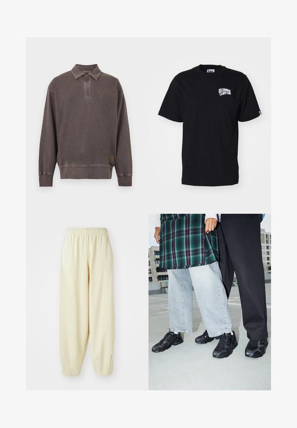 Tumehall pikkade varrukatega pullover, millel on kvartstõmblukk ja krae, soonikkoes varrukasääred ja alumine serv ning väike logomärk alumise serva lähedal.; Must musta t-särk, ümmarguse kaelusega ja lühikeste varrukatega. Vasakule rinnaosale on trükitud valge logo. Lihtne kujundus, tavaline sobivus.; Kreemikaaluses värvitoonis dressipüksid elastse vöökoha, kitsenevate sääreotste ja lõdva lõikega. Valmistatud pehmest ja kergest kangast.; Mustad mustad jalanõud, millel on võrkkangast ja kummist aktsendid. Kannab heledat halli laiade jalgadega teksapükse ja ruudulist rohelisest topi. Lame pind taust.