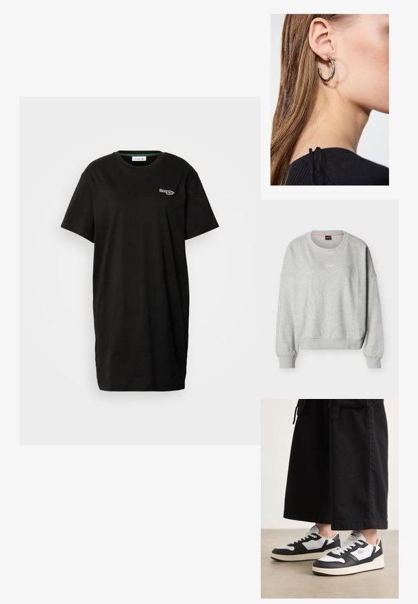 Sweat-shirt à col rond gris clair avec poignets et ourlet côtelés, arborant un petit logo blanc "Boss" centré sur la poitrine.; Robe T-shirt noire à manches courtes avec col rond et petit logo Lacoste sur le côté gauche de la poitrine.; Baskets noir et blanc avec une tige en cuir lisse, un bout perforé et une semelle en caoutchouc texturée, arborant un logo Lacoste sur le côté.; Boucle d'oreille en argent avec une finition polie, présentant de petits détails en or et de forme ronde, portée sur le lobe.