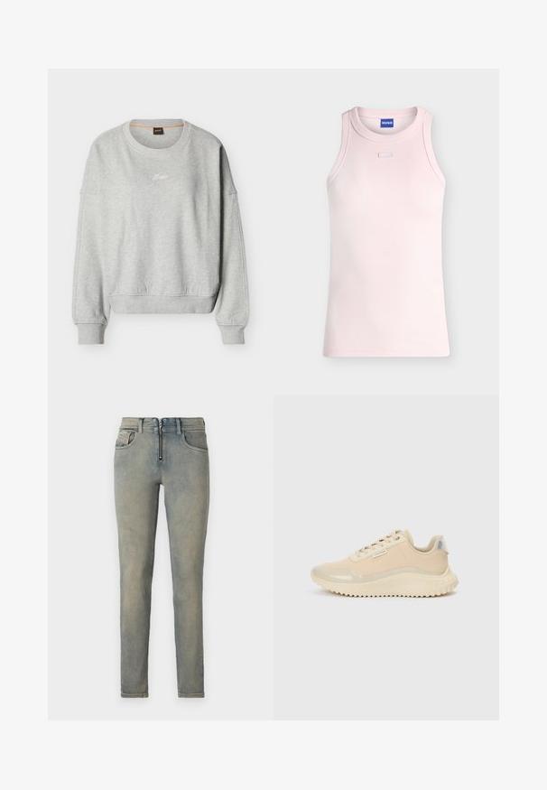 Hellgraues Sweatshirt mit Rundhalsausschnitt, gerippten Bündchen und Saum, mit kleinem weißem "Boss"-Logo mittig auf der Brust.; Ärmelloses, geripptes, hellrosa Tanktop mit rundem Ausschnitt und kleinem rechteckigem Stoffdetail unterhalb des Kragens, HUGO-Label innen am Kragen.; Schmale Jeans aus hellblauem Denim mit einem Reißverschluss vorne, fünf Taschen und einem ausgewaschenen Look mit subtilen Farbvariationen.; Beige Sneaker mit glattem Lackleder an Zehen- und Schaftbereich, verziert mit einer strukturierten Zwischensohle und gummierter Laufsohle. Mit einem Markenetikett versehen.