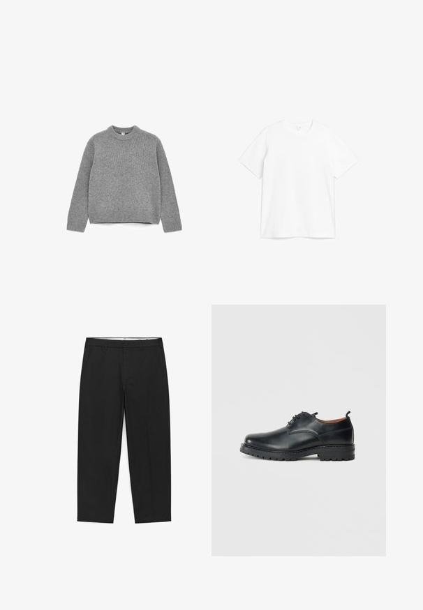 Grå strikket sweater med rund hals, lange ærmer, ribbede manchetter og kant, samt en blød tekstur.; Hvid bomulds T-shirt med rund halsudskæring og korte ærmer. Stoffet ser glat ud med et klassisk, lige snit design.; Sorte bukser med lige ben, bæltestropper, knap- og lynlåslukning foran samt sidelommer, lagt fladt på en hvid baggrund.; Sorte læder derby-sko med en glat overflade, rund tå, snøre-design og en tyk, robust gummisål.