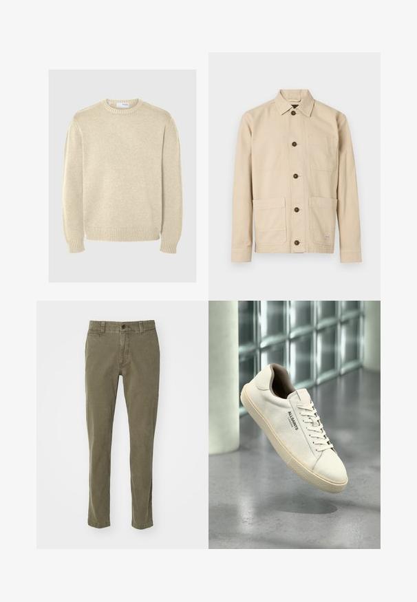 Pull en maille beige clair avec un col rond, des manches longues, des poignets et un ourlet côtelés. Texture lisse avec un motif de moyenne épaisseur.; Veste de travail beige clair, tissu en coton, devant boutonné, col pointu, deux poches poitrine, deux poches basses, boutons marron, détails cousus.; Pantalons vert olive en coton, avec une coupe droite, cinq poches et une fermeture à bouton unique à la taille.; Baskets en toile blanche avec semelle et lacets beige, logo "AllSaints London" sur le côté, flottant au-dessus d'un sol gris poli près de blocs de verre.