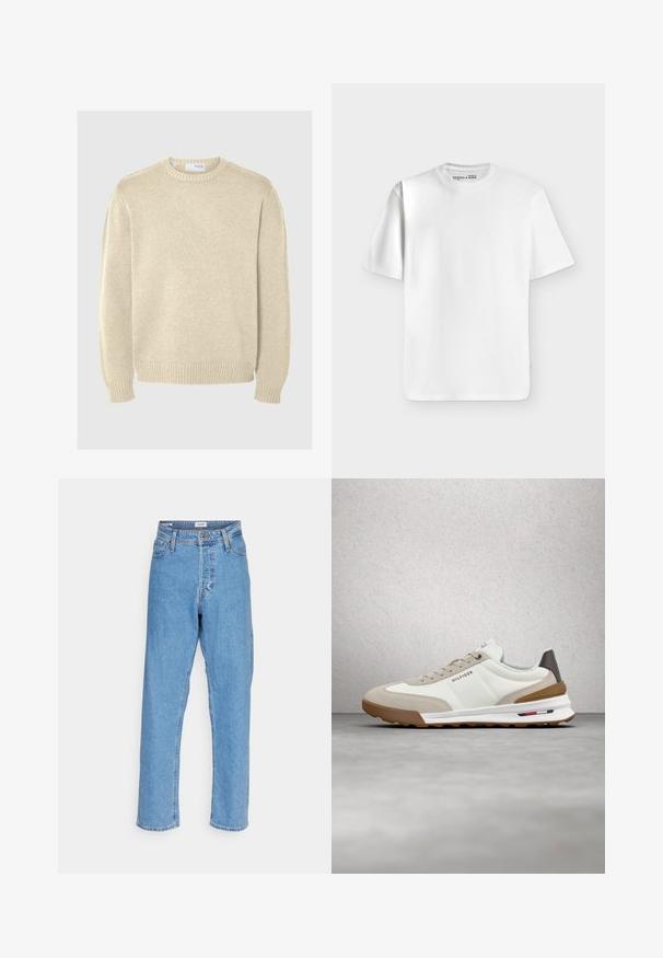 Pull en maille beige clair avec un col rond, des manches longues, des poignets et un ourlet côtelés. Texture lisse avec un motif de moyenne épaisseur.; T-shirt blanc uni à manches courtes et col rond, posé à plat sur un fond gris clair avec une petite étiquette de marque à l’intérieur du col.; Jeans taille haute droite bleu clair avec bouton à l'avant, fermeture éclair, passants de ceinture et design à cinq poches sur fond blanc.; Baskets Tommy Hilfiger blanches et beiges avec semelle marron, logo de la marque sur le côté et la languette, suspendues au-dessus d'un sol gris lisse.