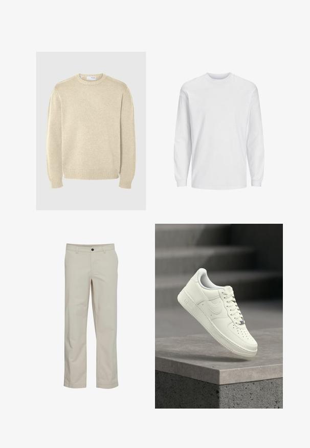 Lys beige striktrøje med rund halsudskæring, lange ærmer, ribbede manchetter og kant. Glat tekstur med et mellemtykt mønster.; Langærmet hvid t-shirt lavet af bomuld. Har rund hals og ensfarvet design uden mønstre eller accenter. Blød, glat tekstur.; Beige bomuldsbukser med lige ben, frontlommer og enkelt knaplukning. Glat tekstur og minimale syningsdetaljer.; Hvid lædersneaker med lavprofildesign, tekstureret overflade, perforeringer på tåen og sølvfarvede detaljer på snørebånd og mærkning.