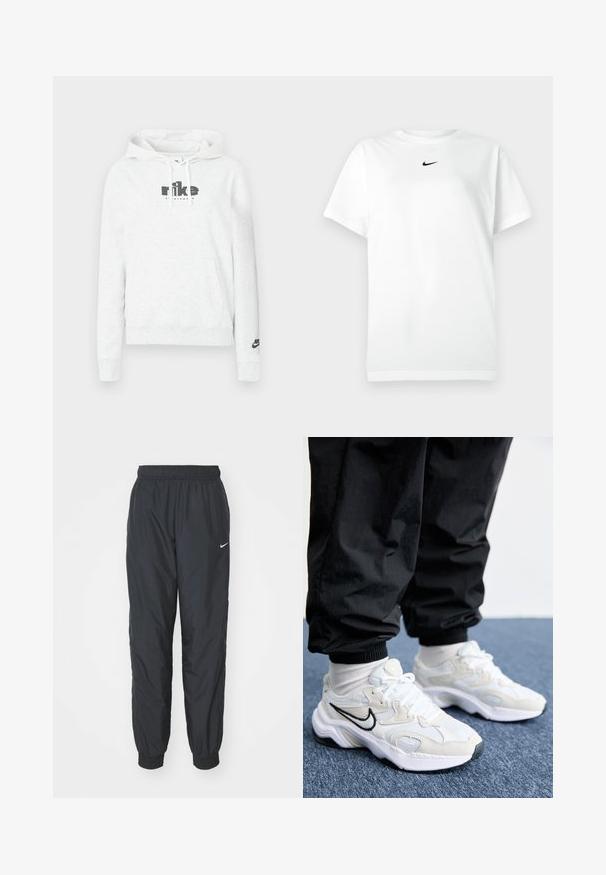 Lysegrå hættetrøje i blødt stof med en stor sort "nike"-logo på forsiden og et lille logo på venstre ærme.; Hvid kortærmet T-shirt med rund hals, prydet med et lille sort Nike swoosh-logo centreret under halsudskæringen.; Sorte Nike træningsbukser lavet af letvægtsstof, med elastisk talje og mansjetter, samt et lille hvidt logo på venstre ben.; Hvide og lys grå atletiske sneakers med en struktureret overdel, tyk sål og sort swoosh-logo. Båret med sorte joggerbukser og hvide sokker.