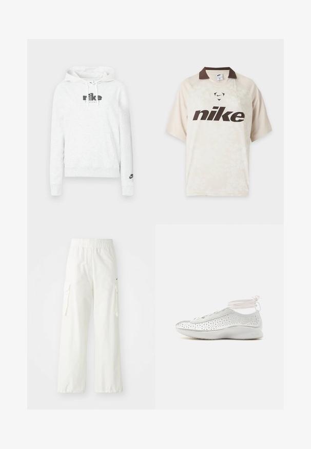 Svetlosivá mikina s kapucňou z mäkkého materiálu, na prednej strane veľké čierne logo "nike" a malé logo na ľavom rukáve.; Svetlo béžové tričko s krátkym rukávom značky Nike s tmavohnedým golierom a veľkým tmavohnedým logom Nike na prednej strane.; Biele cargo nohavice s širokým strihom, vybavené elastickým pásom a bočnými vreckami. Textúrovaná tkanina s hladkým povrchom.; Biela teniska Nike Air s perforovanými bokmi a svetloružovými šnúrkami obopínajúcimi členok, zobrazená z profilu na bielom pozadí.