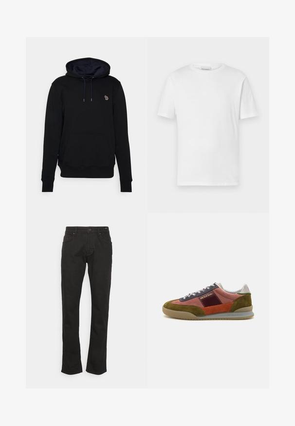 Zwarte hoodie van katoen met een voorzak, voorzien van een klein geborduurd logo op de borst en een trekkoord in een contrasterende kleur.; Witte t-shirt met korte mouwen van katoen. Heeft een ronde halslijn en een rechte zoom. Geen patronen of versieringen. Eenvoudig ontwerp.; JOOP! Jeans MITCH - Straight leg jeans - black; PS Paul Smith DOVER - Sneakers laag - pink