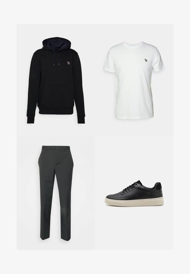 Zwarte hoodie van katoen met een voorzak, voorzien van een klein geborduurd logo op de borst en een trekkoord in een contrasterende kleur.; Witte katoenen t-shirt met een klassieke ronde hals en korte mouwen. Bevat een klein, meerkleurig geborduurd paardenlogo op de borst.; Neil Barrett PLEAT TROUSERS - Broek - black; Zwart leren sneaker met een laag profiel, voorzien van een crèmekleurige rubberen zool, ronde neus en vetersluiting, geaccentueerd met een zwarte suede hiel.