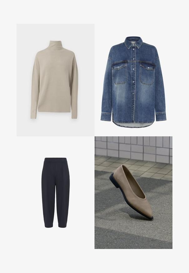 Vaaleanbeige poolopaita, joka on valmistettu pehmeästä neulomateriaalista, omaa rentoan istuvuuden, pitkät hihat ja korkean kauluksen. Ei näkyviä kuvioita.; Denim-paita, jossa on vaaleasta tumman pesun gradientti, kauluksessa, pitkissä hihoissa, kahdessa rintataskussa ja nappikiinnitys hopeaosilla.; Tummansinisen väriset kapeat housut, joissa on joustava vyötärö, keskiviimot, sileä pinta ja nilkkapituiset leikkaukset.; Beige värinen, kärjestään terävä, mustapohjainen tasapohjainen kenkä leijuu harmaan asfaltin yllä lähellä laatoitettua seinää.