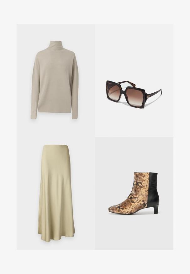 Pull en beige clair à col roulé, fabriqué en maille douce, présente une coupe décontractée avec des manches longues et un col haut. Aucun motif visible.; Jupe longue et fluide en beige, fabriquée en tissu doux. Elle présente une texture lisse et un design simple et minimaliste sans matériel visible.; Castañer ASTRID 283 - Bottines - black/beige; Lunettes de soleil carrées avec un motif écaille de tortue, des verres dégradés marron et des accents dorés du logo sur les branches. Monture en plastique léger.