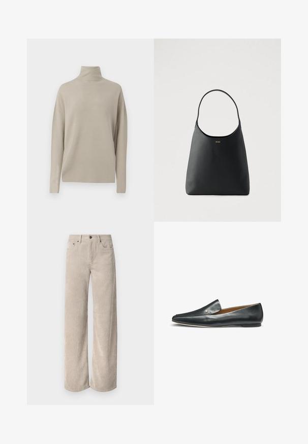 Lys beige turtleneck sweater, lavet af blødt strikmateriale, har en afslappet pasform med lange ærmer og høj krave. Ingen synlige mønstre.; Beige corduroy bukser med vidde og lodrette striber, der har knaplukning og frontlommer. Blødt, tekstureret stof med en afslappet pasform.; Sort læderlacesko med spids tå og lille metallisk logodetalje nær den øverste kant, vist fra siden på hvid baggrund.; Sort læderhåndtaske med enkelt buet håndtag, glat tekstur og et diskret logo foran. Minimalistisk design og rummeligt indre.