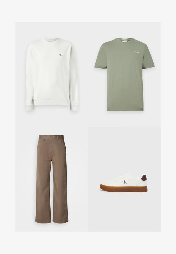 Sudadera de cuello redondo en gris claro, hecha de una tela suave, con puños y dobladillo acanalados, y un pequeño logo bordado en el pecho.; Camiseta de manga corta color verde oliva de Calvin Klein con cuello redondo y pequeño logo en el pecho izquierdo.; Pantalones de pierna ancha color beige, fabricados en una suave mezcla de algodón, con cierre de botón, trabillas para cinturón y sin patrones visibles. Textura suave.; Zapatillas blancas con suela de goma, cordones planos y acento de talón de gamuza marrón. Presenta un discreto logo "cK" en relieve en el lateral.