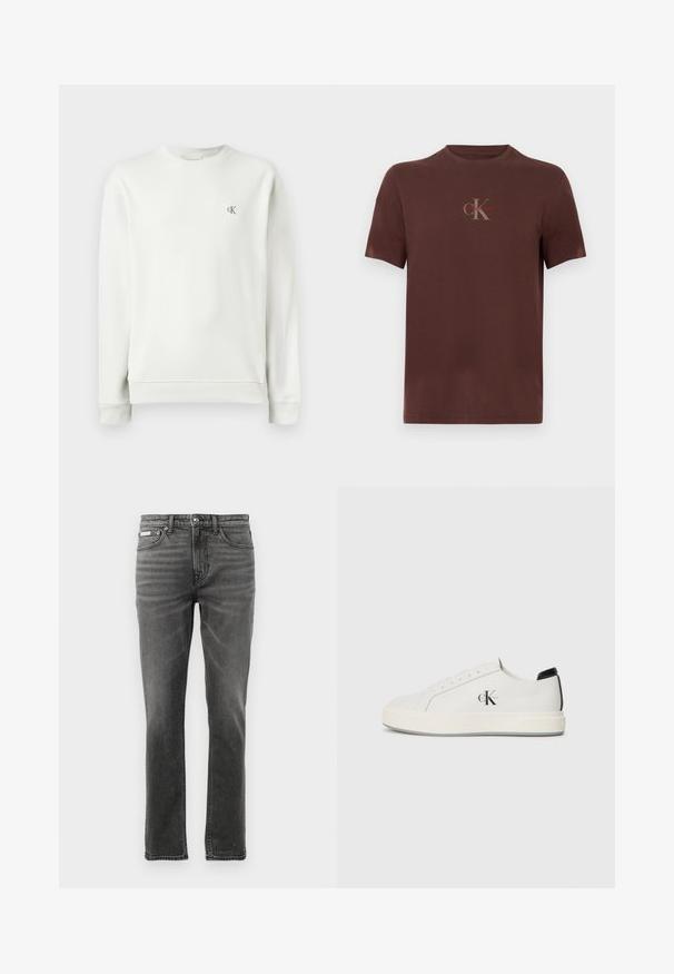 Hellgraues Crewneck-Sweatshirt aus glattem Stoff, mit gerippten Bündchen und Saum, sowie einem kleinen gestickten Logo auf der Brust.; Braunes Baumwoll-T-Shirt mit kurzen Ärmeln, einem Brustlogo in Grau und Rot, rundem Ausschnitt und einem lockeren Schnitt.; Dunkelgraue Denim-Jeans mit geradem Bein, Fünf-Taschen-Design, subtilen Verblassungsmustern und Metallelementen am Taillenbund.; Weiße Leder-Sneaker mit runder Spitze, flacher Gummisohle und schwarzem Absatzakzent. Mit einem auffälligen schwarzen Calvin Klein-Logo an der Seite.