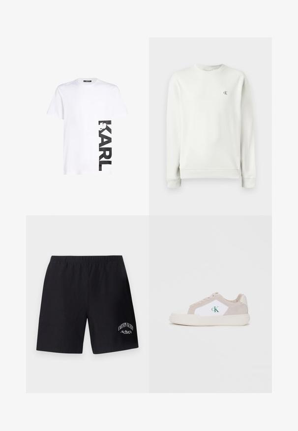 Sweatshirt gris clair à col rond en tissu lisse, avec des poignets et un ourlet côtelés, arborant un petit logo brodé sur la poitrine.; T-shirt en coton blanc avec un grand logo noir imprimé "KARL" sur le côté gauche, manches courtes et encolure classique.; Shorts à taille élastique noire avec logo blanc « Calvin Klein New York City » sur la partie inférieure de la jambe droite.; Baskets blanches et beiges, composées de daim et de toile, avec un design superposé, un bout arrondi, un système de laçage et un détail de logo vert.
