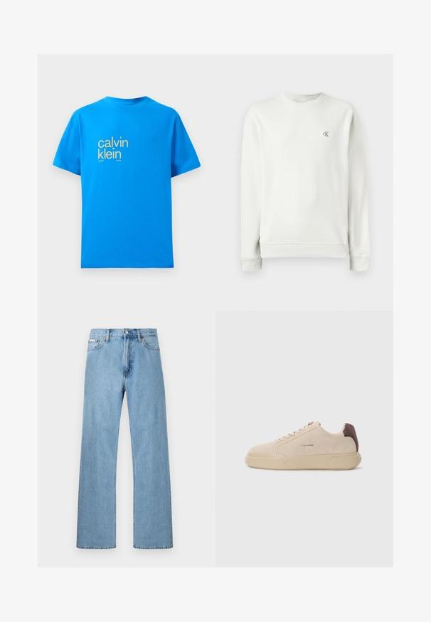 Sudadera de cuello redondo en gris claro, hecha de una tela suave, con puños y dobladillo acanalados, y un pequeño logo bordado en el pecho.; Camiseta de algodón azul brillante con mangas cortas, que presenta un gran logo amarillo de "calvin klein" en el frente y el texto "new york city / since 1981".; Vaqueros de mezclilla azul claro de pierna recta con diseño de cinco bolsillos y cierre de botón en la cintura, exhibidos sobre un fondo simple.; Zapatilla de ante beige con punta redondeada, cordones en la parte frontal y un acento de ante marrón en el talón. Cuenta con una suela de goma texturizada.