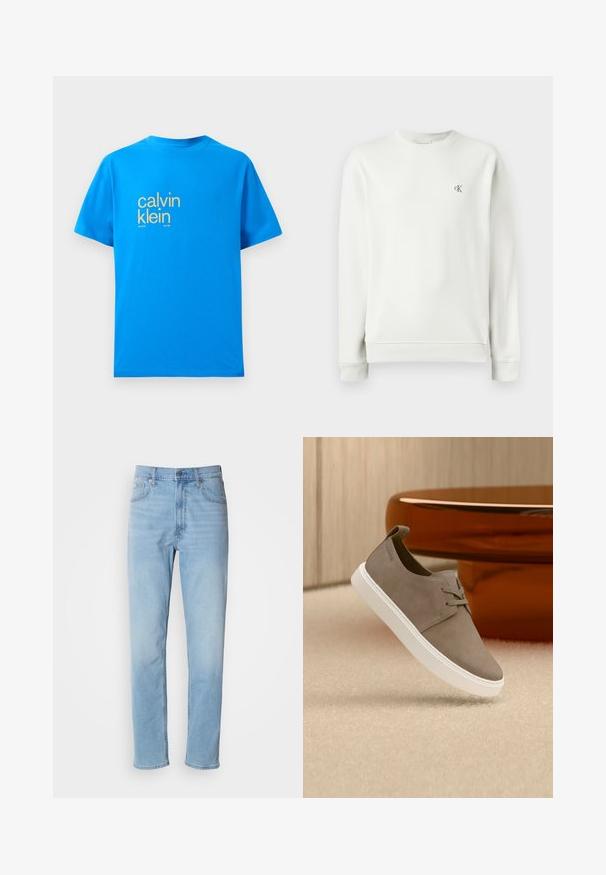 Lys grå crew neck sweatshirt lavet af glat stof, med ribbekanter ved ærmerne og nederdelen, samt et lille broderet logo på brystet.; Lys blå bomulds t-shirt med korte ærmer, der har et stort gult "calvin klein" logo på forsiden samt teksten "new york city / since 1981".; Lys blå denim jeans med lige pasform, fem lommer og bæltestropper. Stoffet har en glat overflade med en let falmningseffekt.; Taupe ruskind snøresko med hvid sål, der svæver over beige tæppe ved siden af et blankt brunt, afrundet møbel.