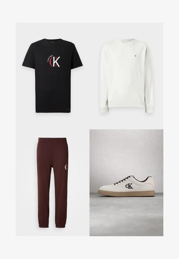 Lys grå crew neck sweatshirt lavet af glat stof, med ribbekanter ved ærmerne og nederdelen, samt et lille broderet logo på brystet.; Sort bomulds-T-shirt med en hvid og rød "Calvin Klein"-logo samt et stiliseret "CK"-grafisk motiv foran. Korte ærmer.; Bordeaux joggers lavet af blødt bomuld, med en elastisk talje, manchetter ved anklerne og et diskret logo trykt på venstre ben.; Hvid sneakers med brune accenter, ruskindsmateriale, flade snørebånd og gummisål. Har en logo på siden og en glat tekstur.